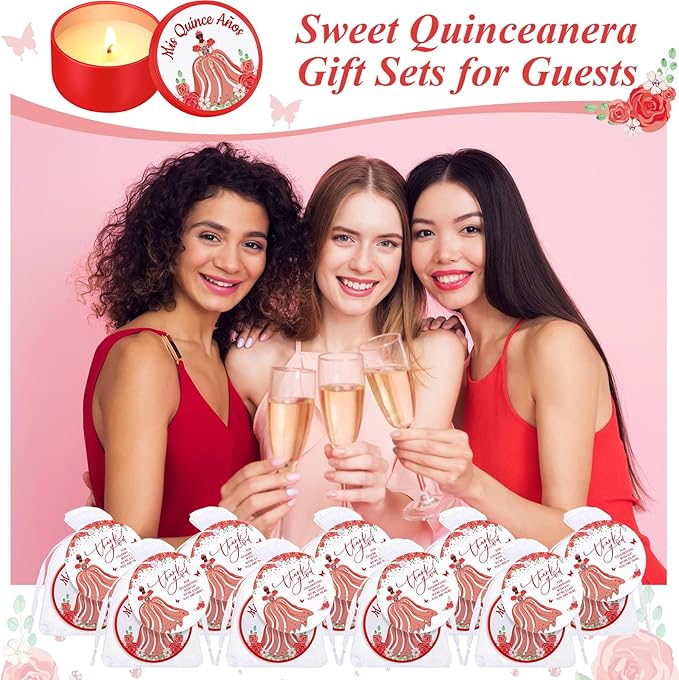 12 Sets Quinceanera Party Favor for Guests Include 12 Mis Quince Años Candles Set Soy Tealight Candles Thank You Card Organza Bag 15th Sweet Birthday Parties Quinceanera Party Souvenir (Red)