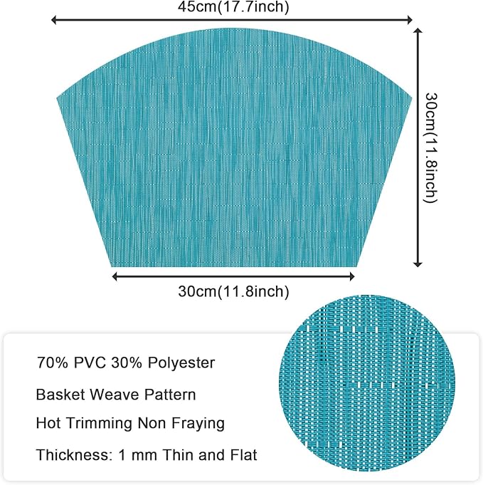 SHACOS Wedge Placemats Set of 8 Woven Vinyl Plastic Placemats for Round Table Place Mats Wipe Clean Non Slip Table Mats, Teal Blue