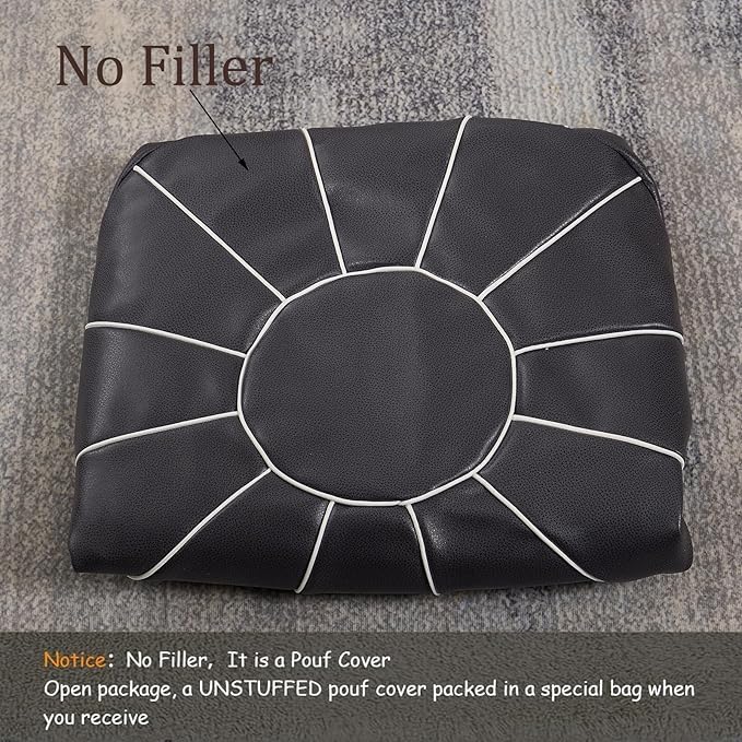 Louis Donné Unstuffed Pouf Ottoman Cover, Faux Leather Foot Stool for Foot Rest, Moroccan Style Pouffe Ottomans, 21" Round Handmade Small Bean Bag Covers for Storage, Footstools for Living Room
