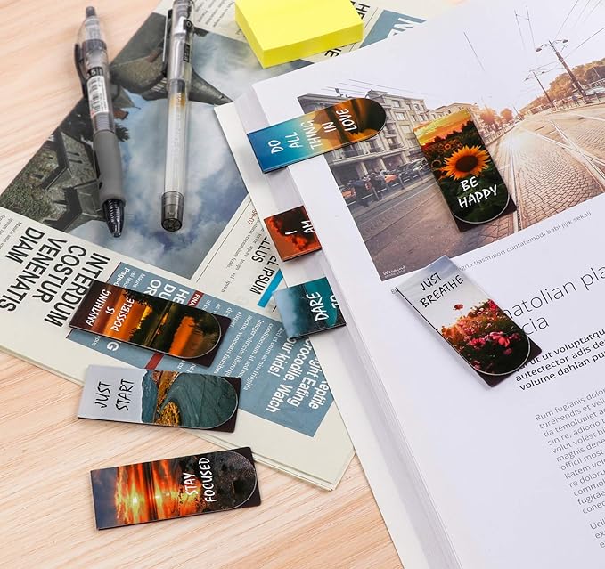 Magnetic Bookmarks, 46PCS Inspirational Slogan Nature Scenery Pattern Bookmarks, Encourage Yourself Book Mark for Book Lovers, Women, Man, Kids, Students, Teachers, School, Home(2.4 x 1 inch)