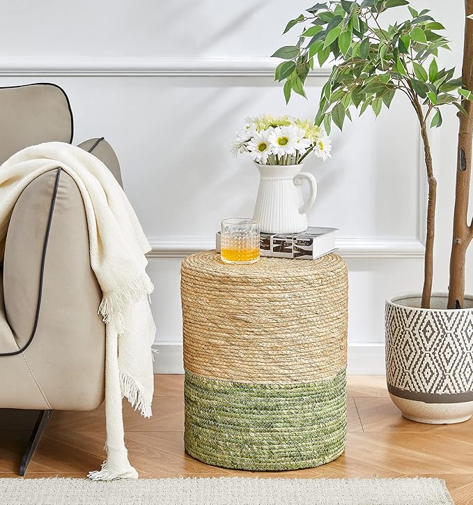 Cplxroc Ottoman Poof Natural Seagrass Poufs Hand Weave Round Footstool Pouffe Accent Chair Sitting Braided Footrest W/Jute Cover Boho Decor for Living Room, Bedroom