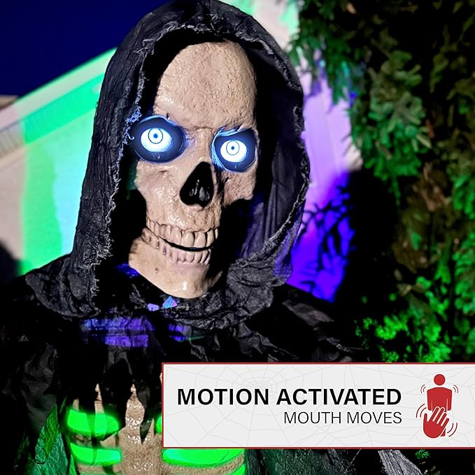 Haunted Hill Farm Motion-Activated 10-Ft. Tall Towering Reaper, Plug-in Talking Scare Prop Animatronic with Spooky Sound Effects and Lights for Indoor or Covered Outdoor Creepy Halloween Decoration