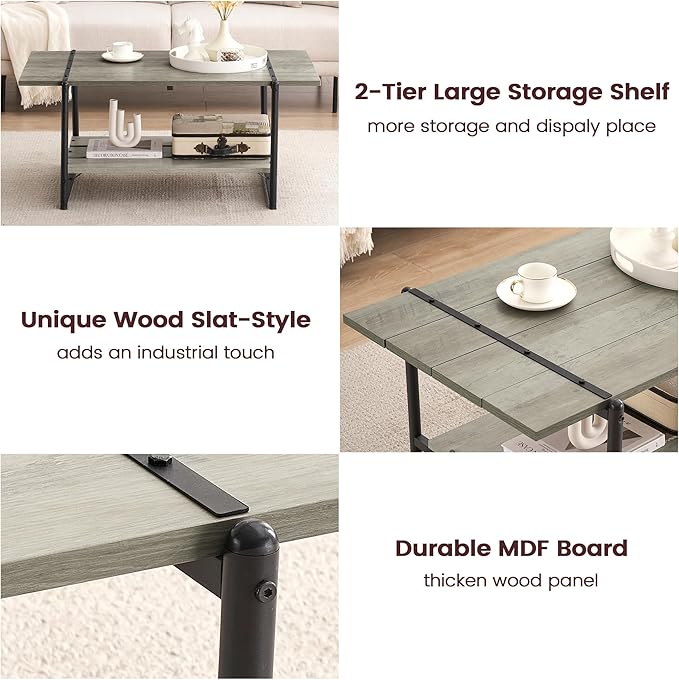 2-Tier Farmhouse 41'' Large Gray Wood Coffee Table with Storage Shelf -Modern Rustic Metal Rectangle Center Living Room Coffee Table Accent Furniture for Home Office,Easy Assembly(Grey)