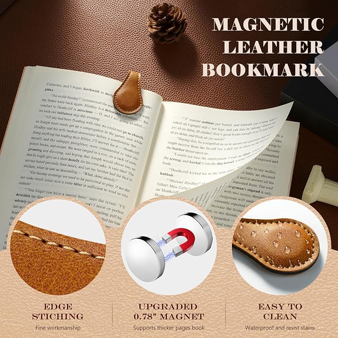 Leezmark 4 Pcs Magnetic Bookmarks, Classic Stitched Leather Bookmark, Lasable Engravable Blanks, Page Markers Reading Gifts for Book Lovers, Readers, Teachers, Leather Book Marks for Men Women