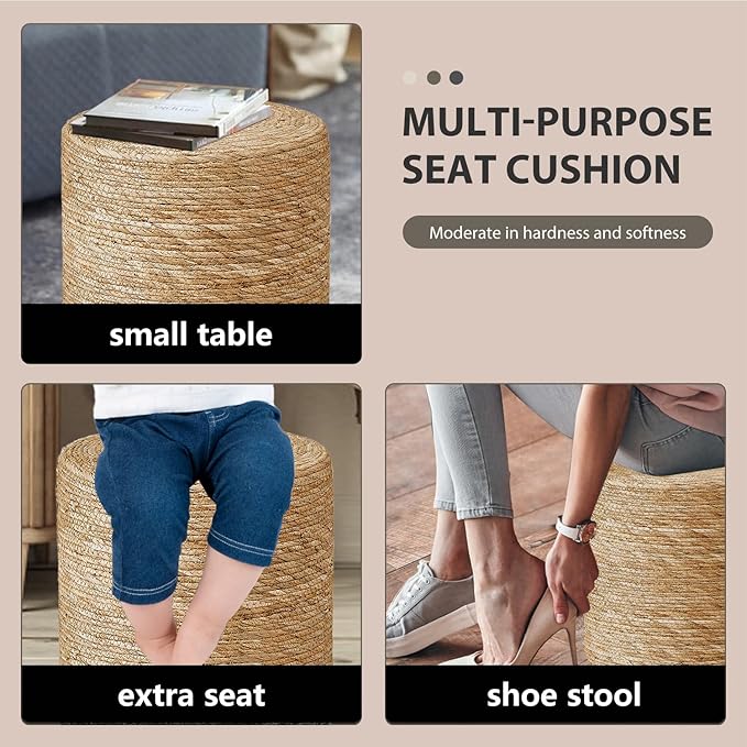 Cplxroc Pouf Ottoman, 100% Handwoven Seagrass Braided Pouffe, Boho Decor Floor Chair for Couch or Desk, Outdoor Ottomans for Garden, Round Footrest with Wood Frame, Home Decorative Seat for Balcony