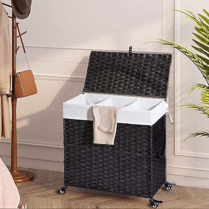 Greenstell Laundry Hamper with Wheels&Lid, 130L Large 3 Sections Clothes Hamper with 2 Types Removable Liner Bags, 5 Mesh Laundry Bags, Handwoven Divided Laundry Basket Black