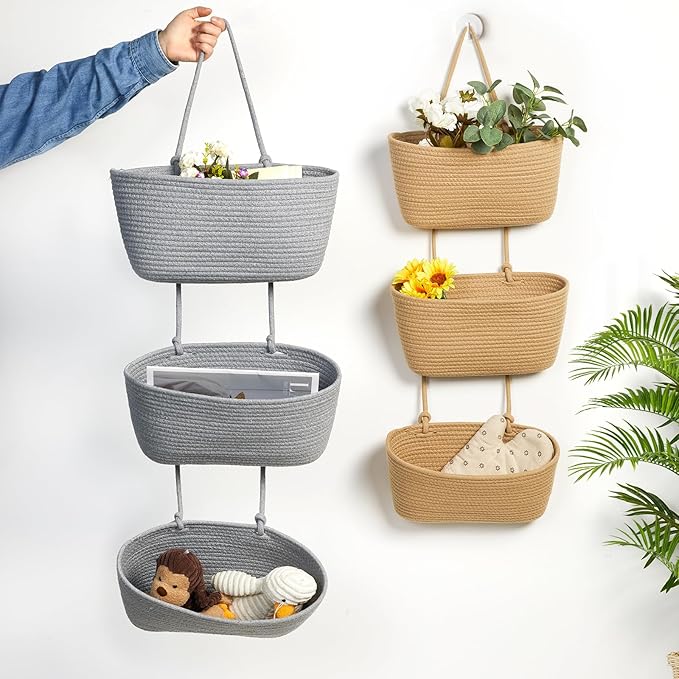 DULLEMELO Wall Hanging Basket for Home Decor 3-Tier Woven Cotton Wall-Mounted Hanging Storage Basket, Decorative Woven Storage Basket with Door Hooks, Gray