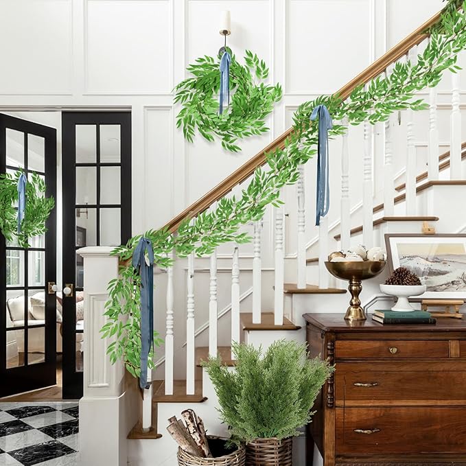 RECUTMS Artificial Willow Leaves Garland 2 Pcs Fake Hanging Vines Plants Artificial Silk Ivy Greenery 6.5 Ft Faux Evergreen Wreaths for Wedding Indoor Outdoor Garden Party Table Decor (Light Green)
