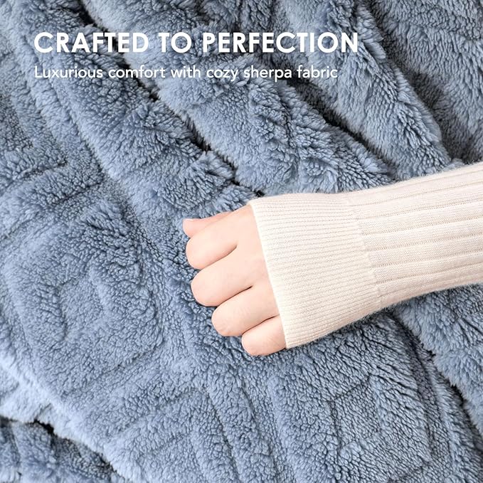 EVERGRACE Jacquard Boho Sherpa Fleece Throw Blanket for Couch, Super Soft Cozy Fuzzy Plush Blankets for All Seasons, Reversible Thick Warm Blanket for Bed, Sofa, Living Room, Blue Linen, 50" x 60"