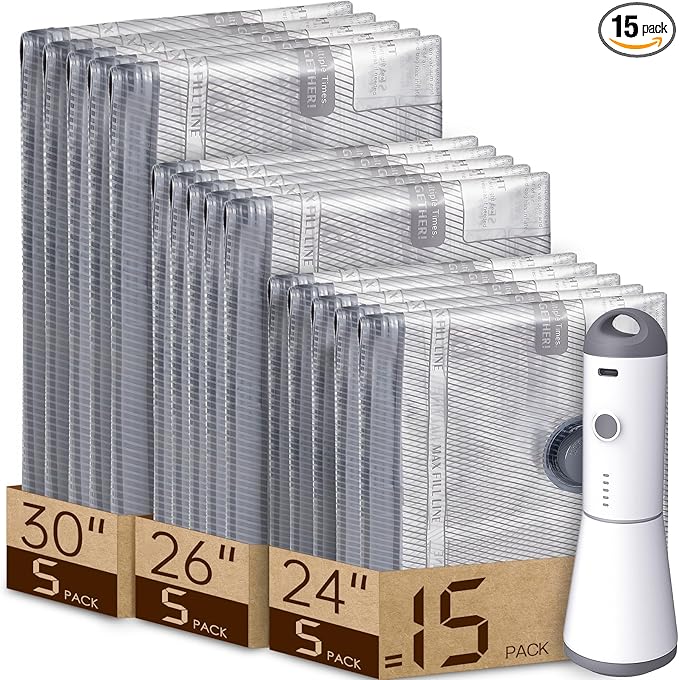 Vacuum Bags for Travel with Rechargeable air Pump, 15 Pack Carry-on Size Compression Packing Bags for Luggage and Suitcase, Space Saver for Clothes and Clothing Travel