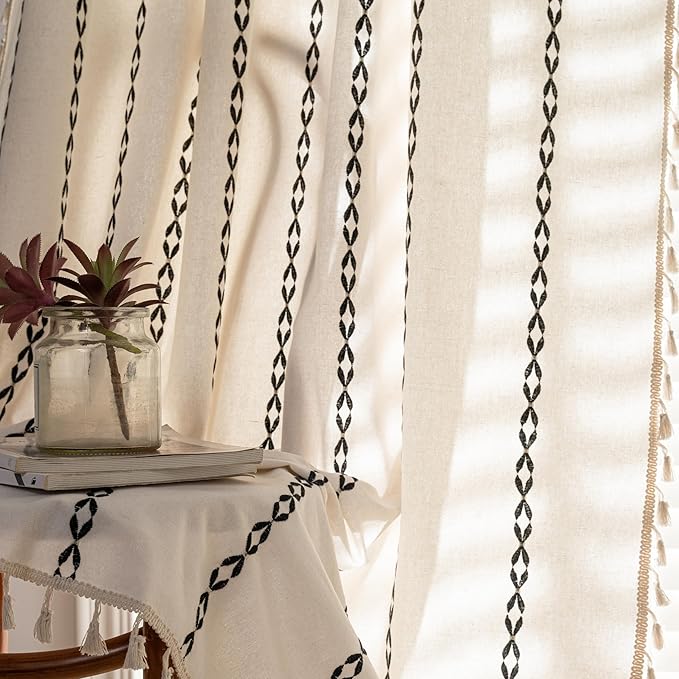 Sutuo Home Boho Farmhouse Curtains 72 Inches Long for Living Room Bedroom Bohemian House Drapes Country Style, Textured Stripe Embroidery Privacy, White and Black 1 Panel W52 x L72