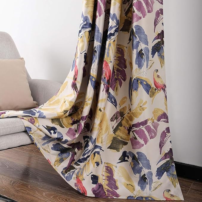 Leeva Purple Curtains for Sliding Door, Tropical Style Leaves Macaw Printing Blackout Window Treatment, Decor Grommet Drapes for Living Room, 1 Piece, 100 x 84