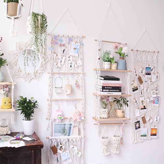 Wall Hanging Shelves Macrame Boho Floating Plant Photos Storage Rack Wood Shelf with Hooks for Bedroom Living Room Bathroom (3tier Shelves)