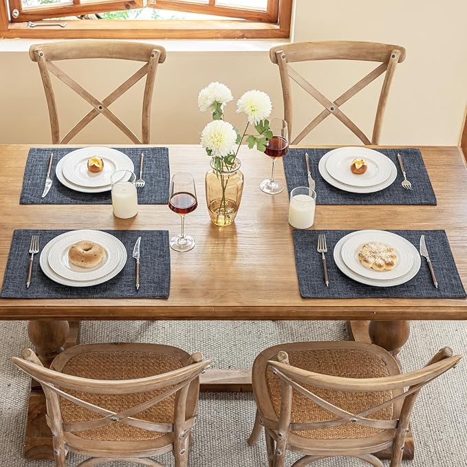 Placemats Set of 6, Dual-Layered Thickened Faux Linen Cloth Place Mats Heat Resistant Machine Washable Wrinkle Free Table Mats Indoor/Outdoor (Dark Grey)