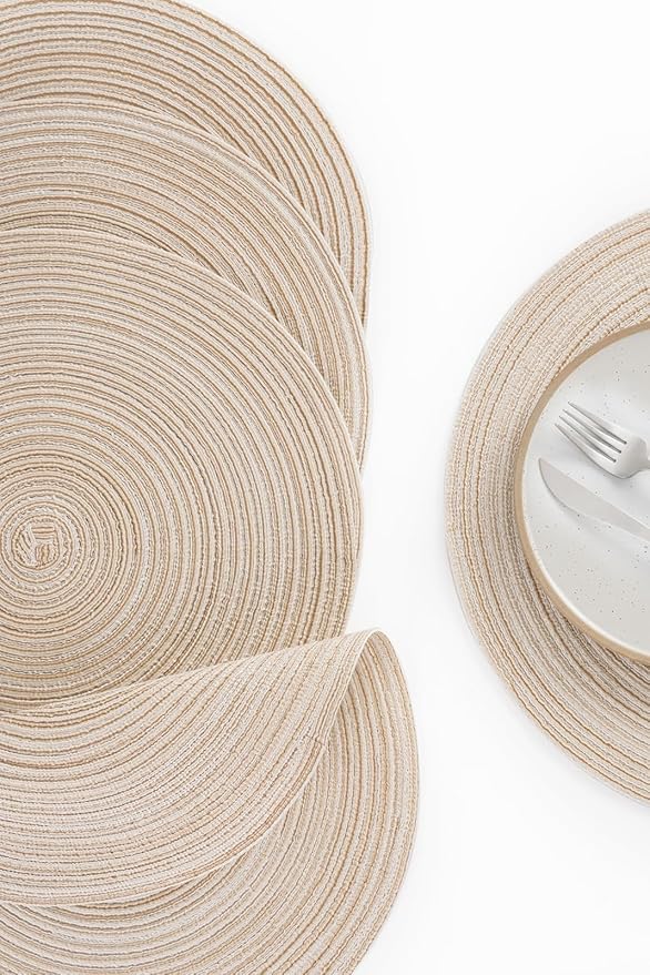Floroom 15 Inch Round Braided Placemats Set of 6, Washable Heat Resistant Cotton Polyester Circle Place Mats for Kitchen Dining Table - Canvas Beige