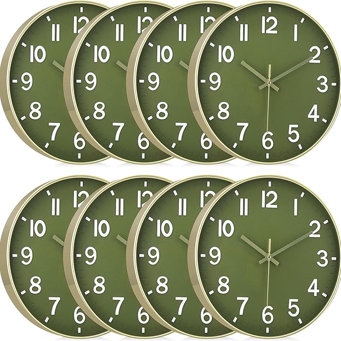 Inbagi 8 Pcs Wall Clock Large Silent Battery Operated Wall Clocks Modern Non Ticking Wall Clocks Bulk Decorative for Kitchen Office Living Room Home Bathroom Bedroom Classroom (Green,12 Inch)
