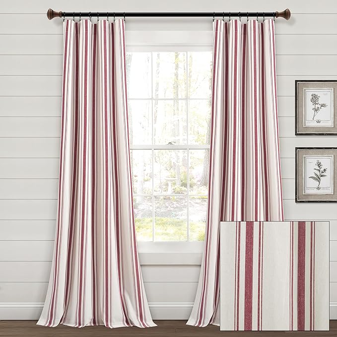 Lush Decor Farmhouse Stripe Yarn Dyed Cotton Window Curtain Panel Pair, 42" W x 84" L, Red - Classic Modern Rustic Charm - Eco Friendly Cotton Fabric