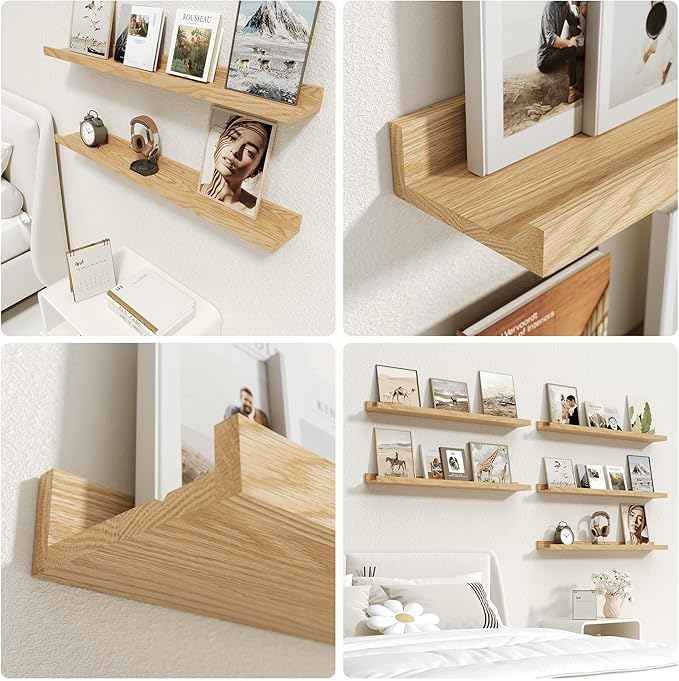 Oak Floating Shelves Wall Mounted Set of 2, Rustic Large Wall Shelves for Storage with Lip, Display Picture Ledge with Lip for Storage, Bedroom, Living Room, Bathroom,Nursery Display