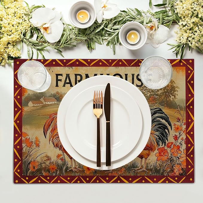 Farmhouse Rooster Placemats Set of 4 Vintage Chicken Farm Table Mats Rustic Country Style Heat Resisting Non-Slip Place Mat for Home Party Indoor Kitchen Dining Table Decoration 12x18 Inch
