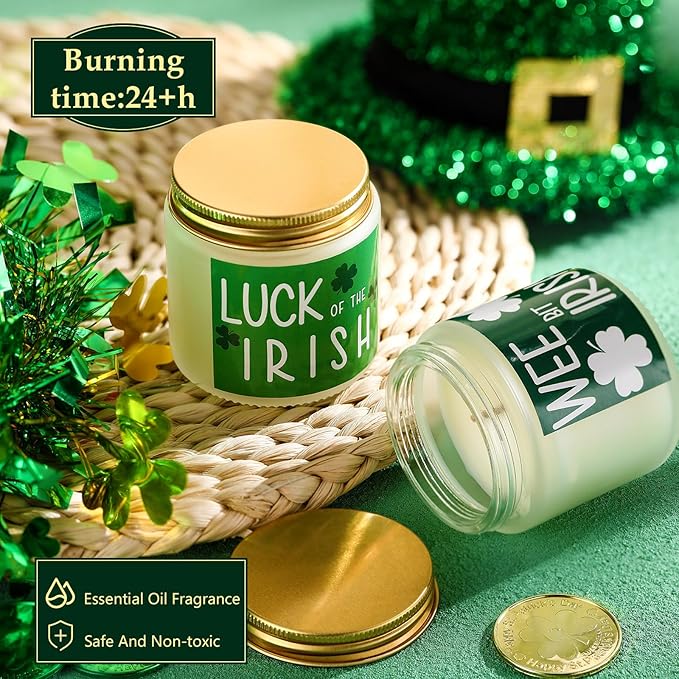 8 Pcs St. Patrick's Day Scented Candle Jars Scented Soy Candle Lucky Shamrock Lasting Candles Clover Candles Gifts Aromatherapy Candles for Women Home Birthday Gifts
