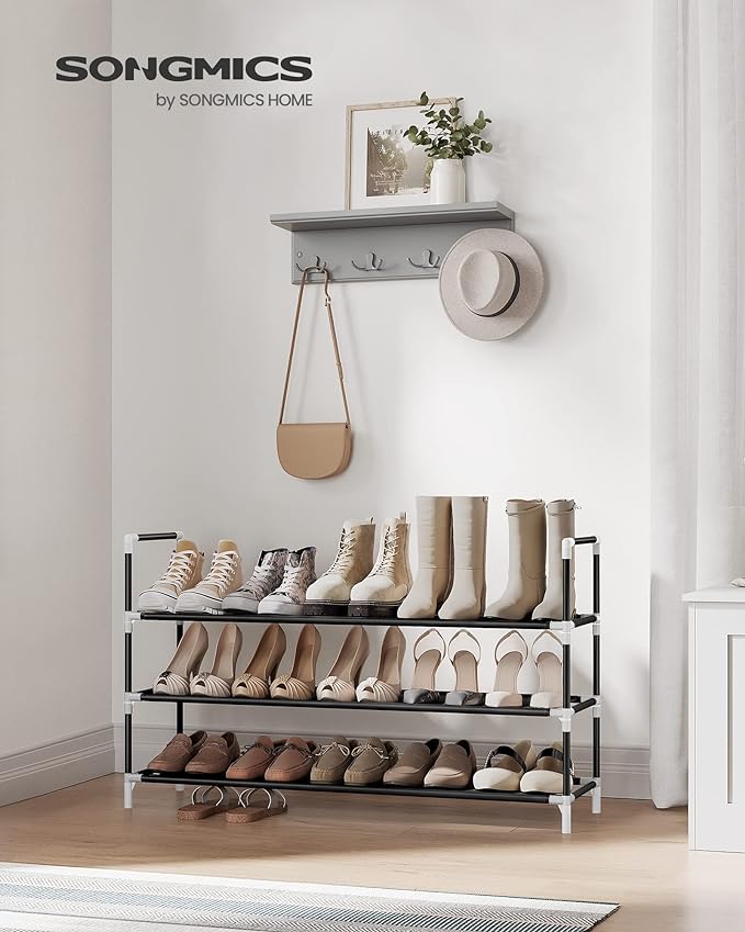 SONGMICS 3-Tier Shoe Rack, Shoe Storage for Hallway Closet, Slim and Space-Saving, Metal Frame, Non-Woven Fabric Shelves, Black ULSH053B01