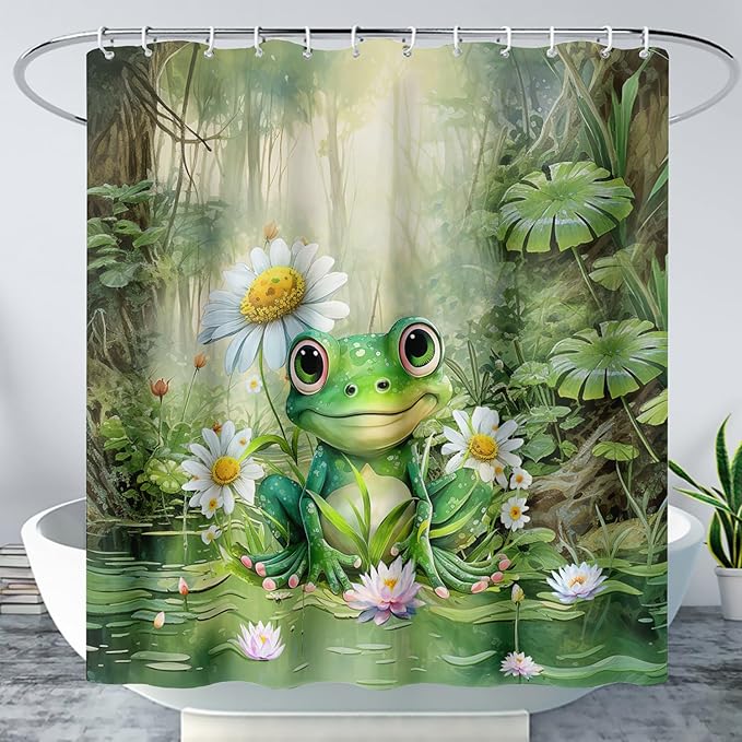 AILONEN Cartoon Frog Shower Curtain,Green Frog with Daisy Bath Curtain Set for Kids Boys Girls,Tropical Amphibian Waterproof Fabric Shower Curtain,Nature Shower Curtain for Bathroom,72" W*84" H