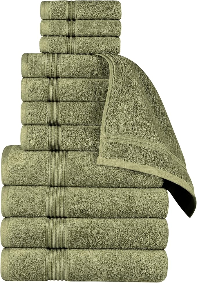Superior Egyptian Cotton 12-Piece Towel Set, Assorted Towels, Home Bathroom, Master, Guest Bath, Decor Essentials, 4 Bath, 4 Hand, 4 Face Towels/Washcloths, Quick Dry, Absorbent, Forest Green