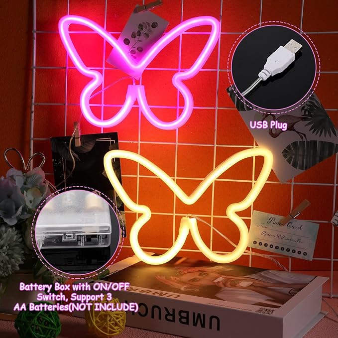 Riakrum 2 Pcs Butterfly Neon Signs LED Light 3AA Battery Powered USB Operated Wall Neon Light Decor Butterfly Wall Art for Christmas Home Bedroom Birthday Party Decor(Pink, Warm White)