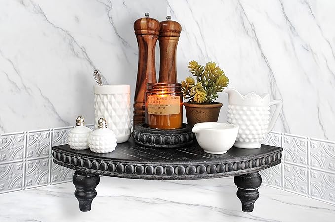Corner Pedestal Stand Rustic Decor Riser for Display - Farmhouse Wood Rounded Beaded Tray for Kitchen and Bathroom Countertop Organizer, Coffee Bar, Plant Stand with Removable Feet (Rustic Black)