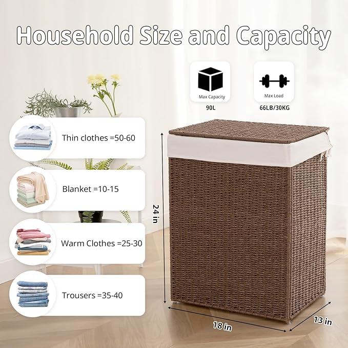 OIAHOMY Laundry Hamper with Lid, 23.8 Gal (90L) Wicker Hamper with Removable Liner Bags, Handwoven Clothes Basket with Handles, Foldable Woven Paper Rope Basket for Laundry Room, Bedroom-Brown