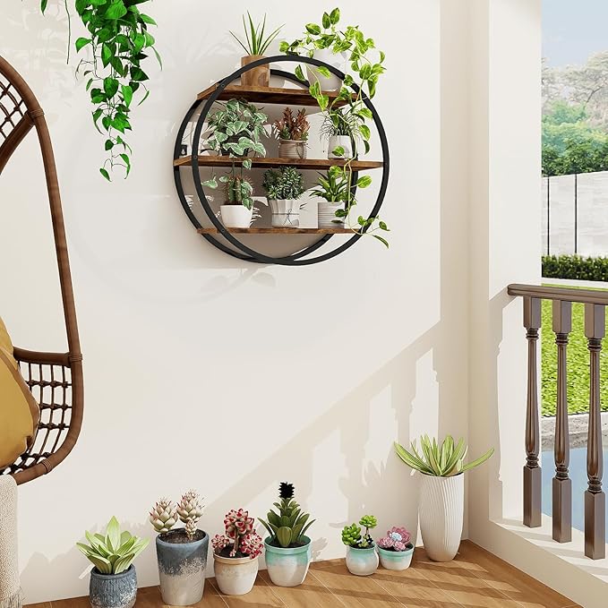 Floating Shelves, 3 Tier Decorative Geometric Circle Metal and Wood Wall Shelves, Bathroom Shelf Round Wall Decor, Rustic Brown