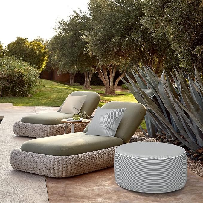 LVTXIII Indoor/Outdoor Inflatable Ottoman, D31 x H14 Large Round Ottoman, All Weather Foot Rest Stool, Portable Footrest for Patio, Garden, Camping and Home - Strip Grey