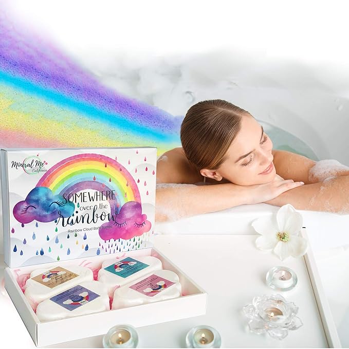 Rainbow Bath Bombs for Kids- Natural and Organic Bubble Bath Bombs w/Moisturizing Shea Butter and Natural Oils, 4 Large Unicorn Cloud BathBombs for Girls, Boys, Women, Birthday Gift for Her