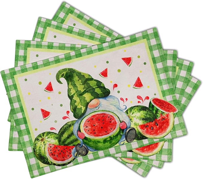Watercolor Watermelon Gnomes Placemats Set of 4,Green Buffalo Check Plaid Rectangular Linen Kitchen Mats Summer Seasonal Place Mat 12 x 18 Inch for Kitchen Dining Table Decor