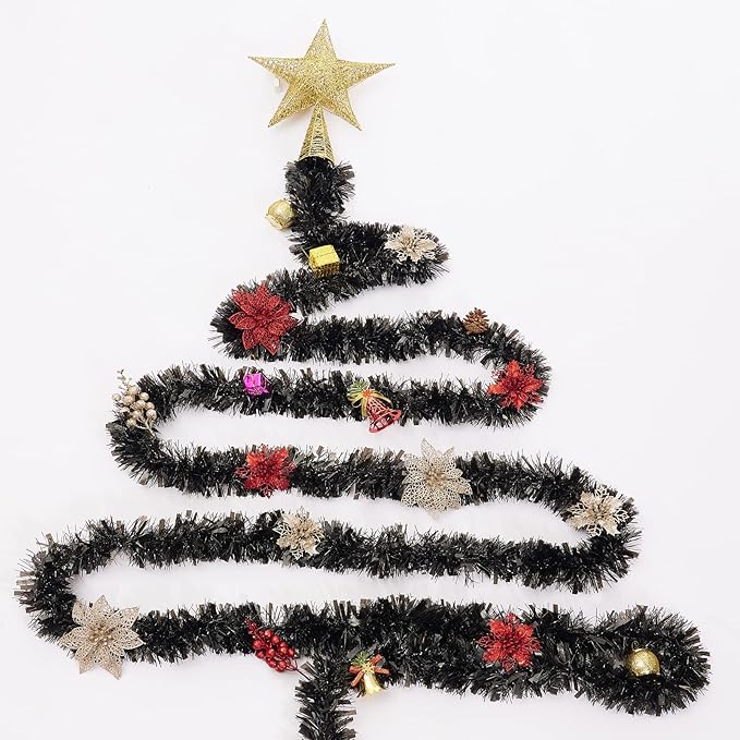 26.2 Feet Black Holiday Tinsel Garland for Christmas,Halloween, Birthday, Weddings, Party Decorations, Xmas Foil Tinsel Garland for All-Season Home Indoor Outdoor Party Supplies(Black)