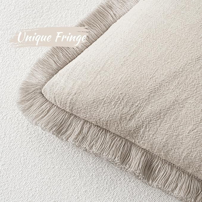 MIULEE Decorative Throw Pillow Covers Neutral Linen Fringe Throw Pillows Set of 2 Natural Beige Boho Farmhouse Cushion Covers with Tassels for Couch Sofa Bed Living Room Spring Home Decor 18x18 Inch