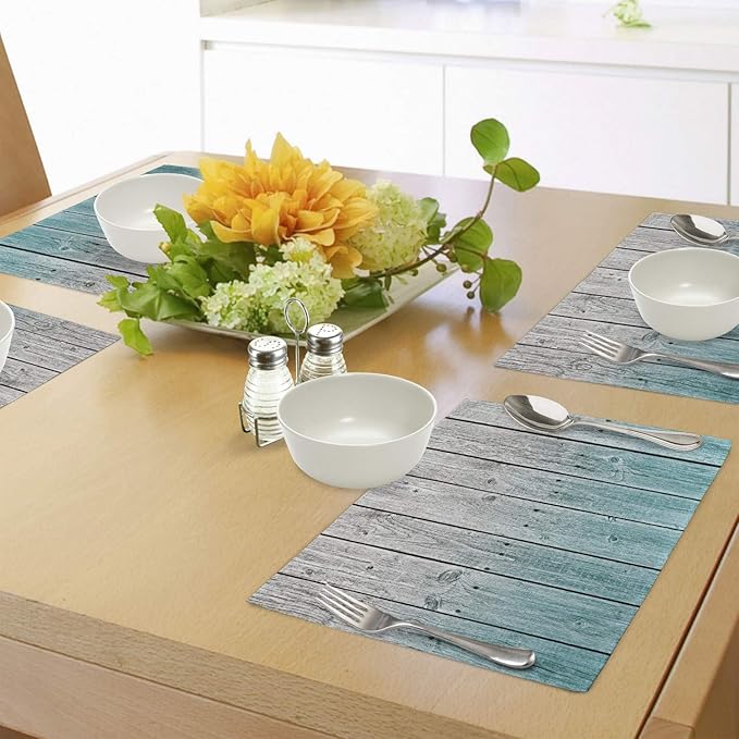 Ambesonne Rustic Place Mats Set of 4, Wood Panels Background Digital Tones Effect Country House Art Image, Washable Fabric Placemats for Dining Table, Standard Size, Teal Grey