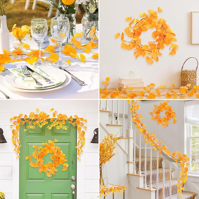 RECUTMS Artificial Fall Garland Hanging Ginkgo Biloba Twigs Vines 2Pcs 5.57FT Fake Ginkgos Leaf Rattan Faux Ivy for Thanksgiving Christmas Party Wedding Indoor Outdoor Home Fence Fireplace Table Decor