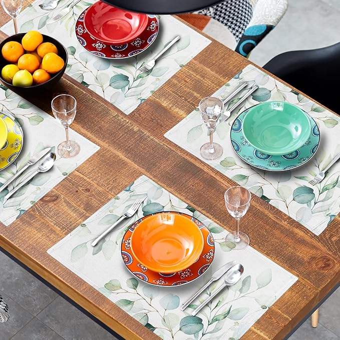 Sage Green Placemats Set of 4 Washable Non-Slip Heat Resistant 12×18 Inch Spring Watercolor Eucalyptus Leaves Thick Place Mats Decorative Linen Fabric Table Mat for Dining Table Kitchen Home Decor