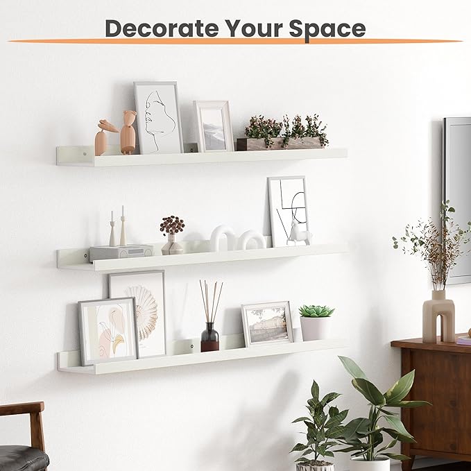 upsimples Floating Shelves for Wall, Wall Shelves for Decor Storage Set of 6, Wall Mounted Wood Shelves for Bedroom, Living Room, Bathroom, Kitchen, 35.5 inch Long Picture Ledge Shelves, White