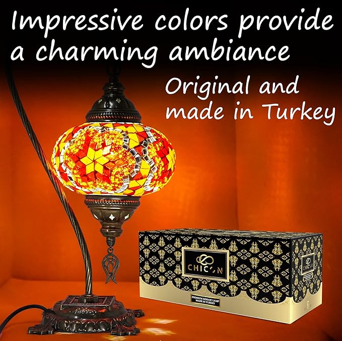 CHICON Handmade Mosaic Turkish Lamp | Genuine Glass Mosaic | A Piece of Art in Unique Lamps | Antique Vintage Lamp | Tiffany Boho Lamp | Moroccan Bohemian Small Table Lamp - SWAN Flower Red Amber