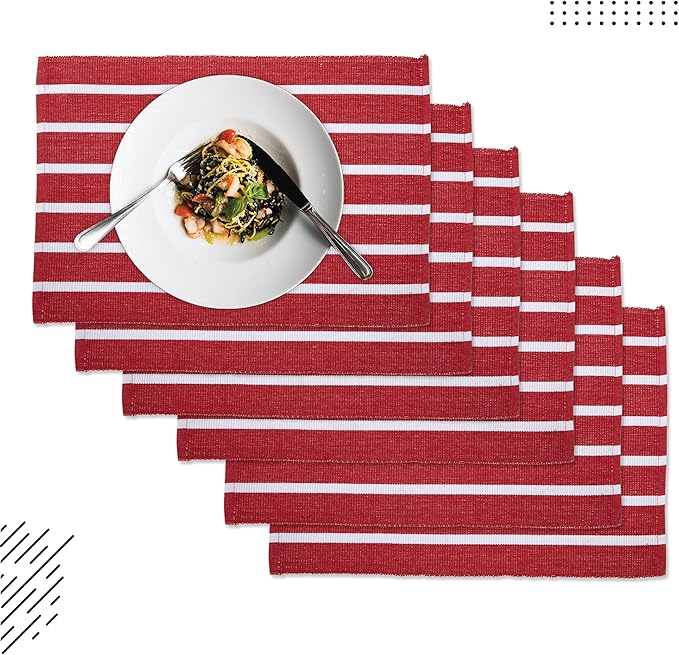 Encasa XO Dining Placemat Set of 6 | Roma Red Stripes Color | Fine Ribbed Cotton Table mat | Size 19x13 in | Machine Washable