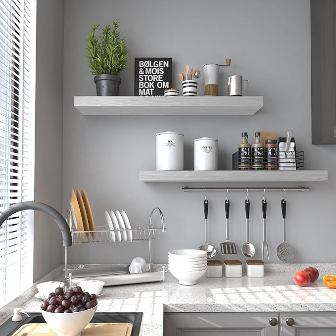 Floating Shelves for Wall - 24 x 9 Inch Natural Wood Shelves for Bathroom, Bedroom, Kitchen Decor, Farmhouse Decor Set of 2, White