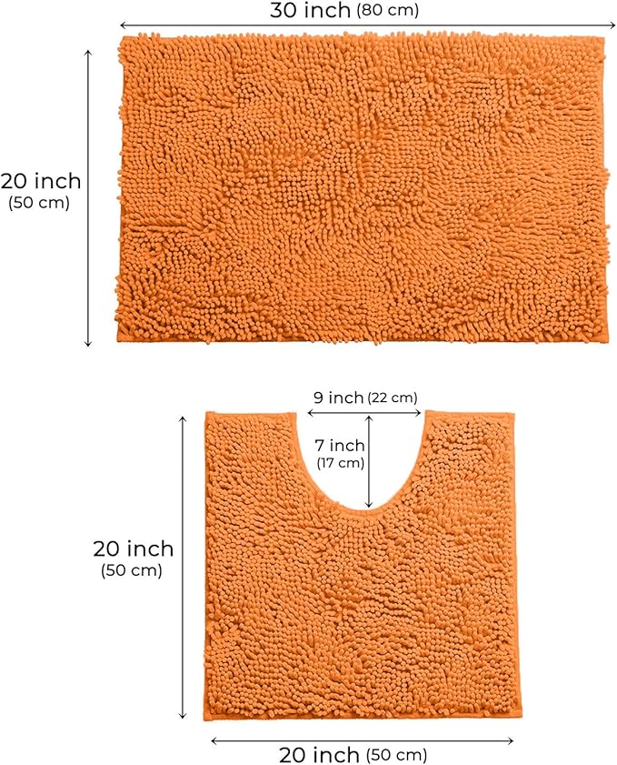 LuxUrux Bathroom Rugs Sets 2 Piece: Quick Dry, Soft Plush Anti-Slip, Super Absorbent. Includes Rectangular (31x20 inches) & U-Shaped Toilet Mat (20x20 inches) | Orange