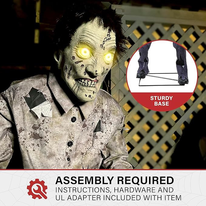 Haunted Hill Farm Motion-Activated 6-Ft. Tall Guard Zombie, Plug-in Scare Prop Animatronic with Spooky Sound Effects and Lights for Indoor or Covered Outdoor Creepy Halloween Decoration