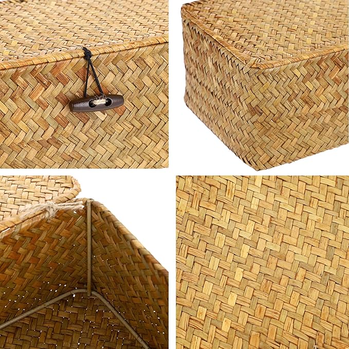 Hipiwe Wicker Shelf Baskets Bin with Lid, Handwoven Seagrass Basket Storage Bins Rectangular Household Basket Boxes for Shelf Wardrobe Home Organizer, Caramel Large