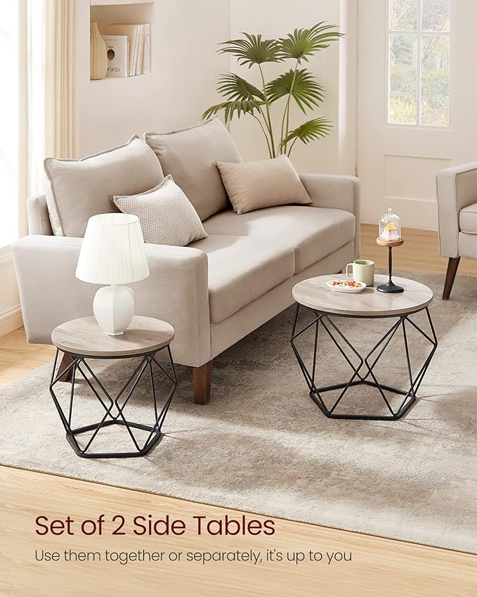 VASAGLE Small Coffee Table Set of 2, Round Coffee Table with Steel Frame, Side End Table for Living Room, Bedroom, Office, Greige and Ink Black