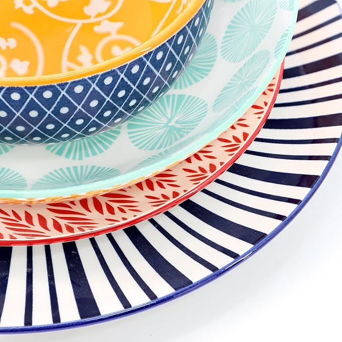 Elama Giovanna 16 Piece Assorted Design Porcelain Multi-Color Graphic Double Bowl Dinnerware Set, Tableware, Serveware, Dinnerware Set, Bowl Set (16 Piece)