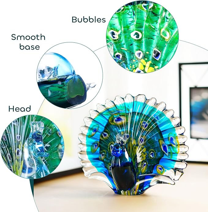 Crystalsuncatcher Hand Blown Colorful Peacock Art Glass Table Top Sculpture Room Decor (Peacock)