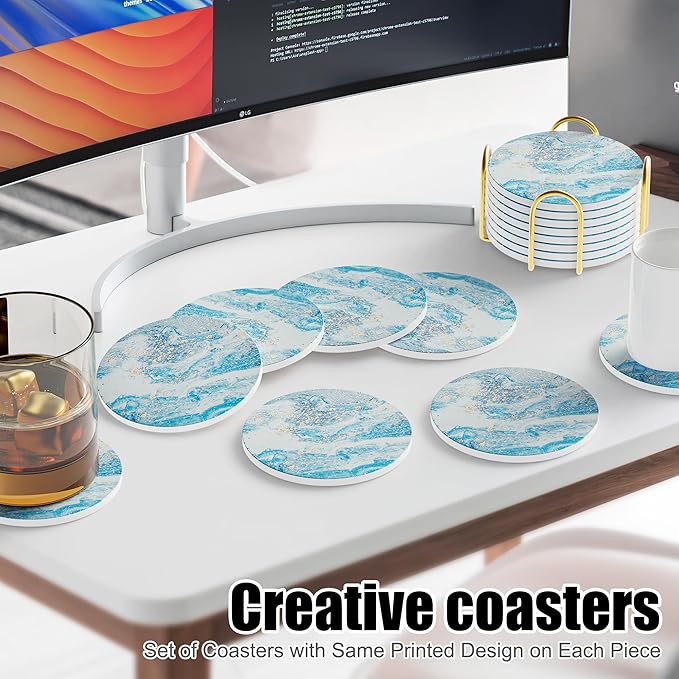 Coasters for Drinks Set of 8, Absorbent Mountainous Region Marble Style with Metal Golden Holder, Ceramic Coaster Set Cup Mat for Home Decor, Bar, Kitchen, Party